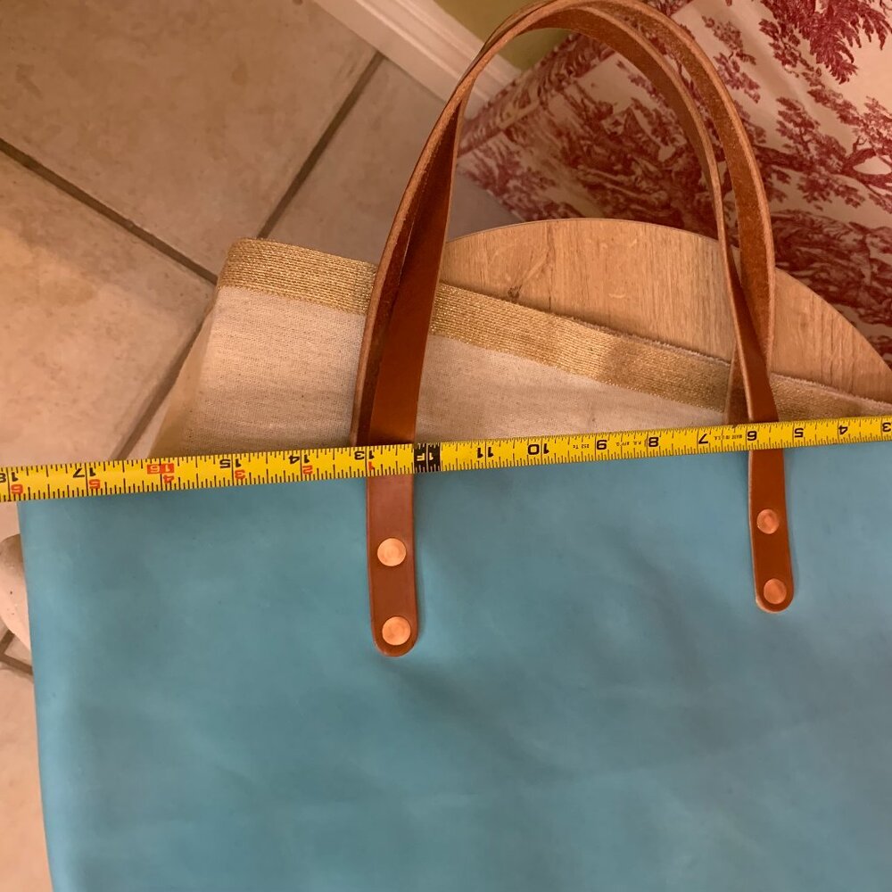 Turquoise Leather Tote with Brown Leather Handles by KMM & Co - Picture 7 of 14